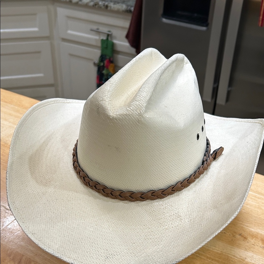 Classic Straw Natural Color Cowboy Hat with Tan Braided Band - Picture 2 of 16